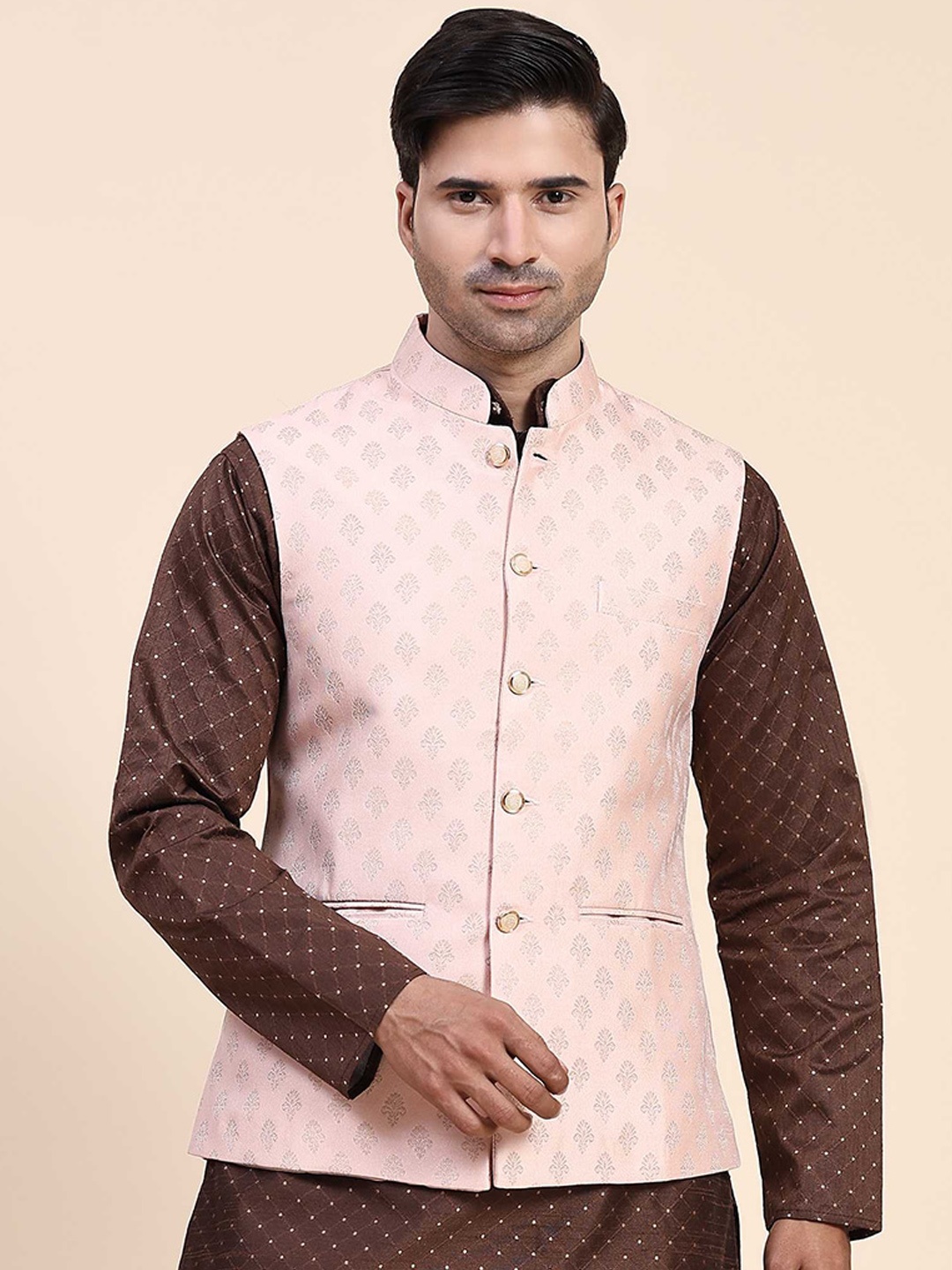 

Aanys Culture Woven Design Mandarin Collar Sleeveless Satin Nehru Jacket, Pink