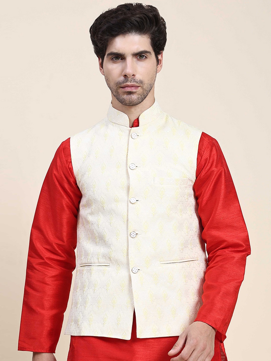 

Aanys Culture Woven Design Mandarin Collar Nehru Jacket, Yellow