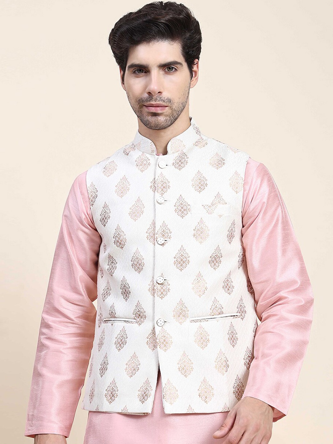 

Aanys Culture Ethnic Motifs Digital Printed Sleeveless Nehru Jacket, Cream