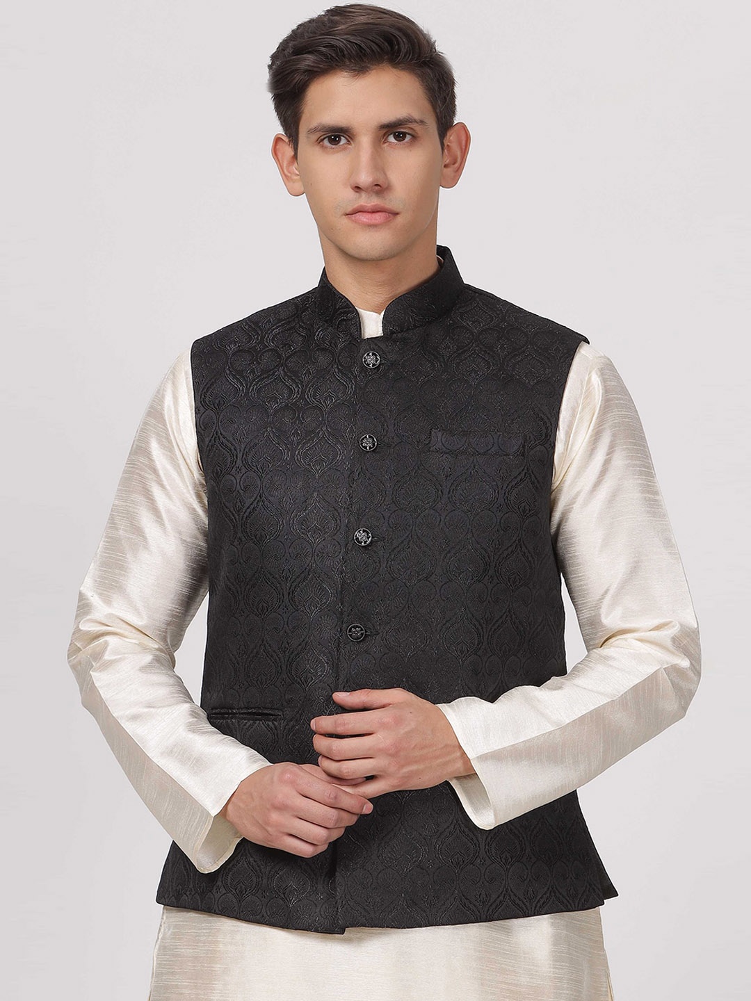 

Aanys Culture Woven Design Mandarin Collar Sleeveless Satin Nehru Jacket, Black