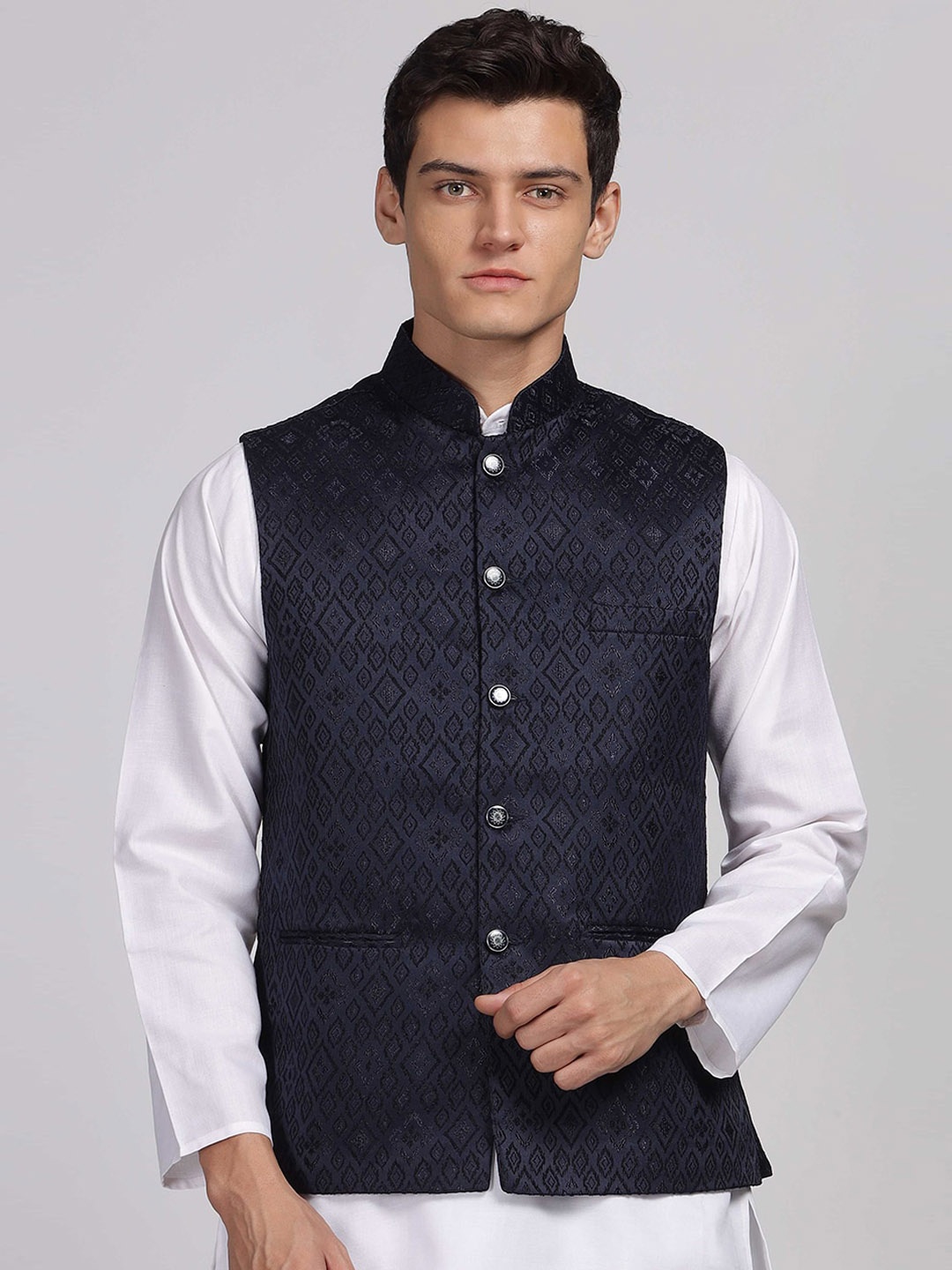 

Aanys Culture Woven Design Mandarin Collar Satin Nehru Jacket, Navy blue