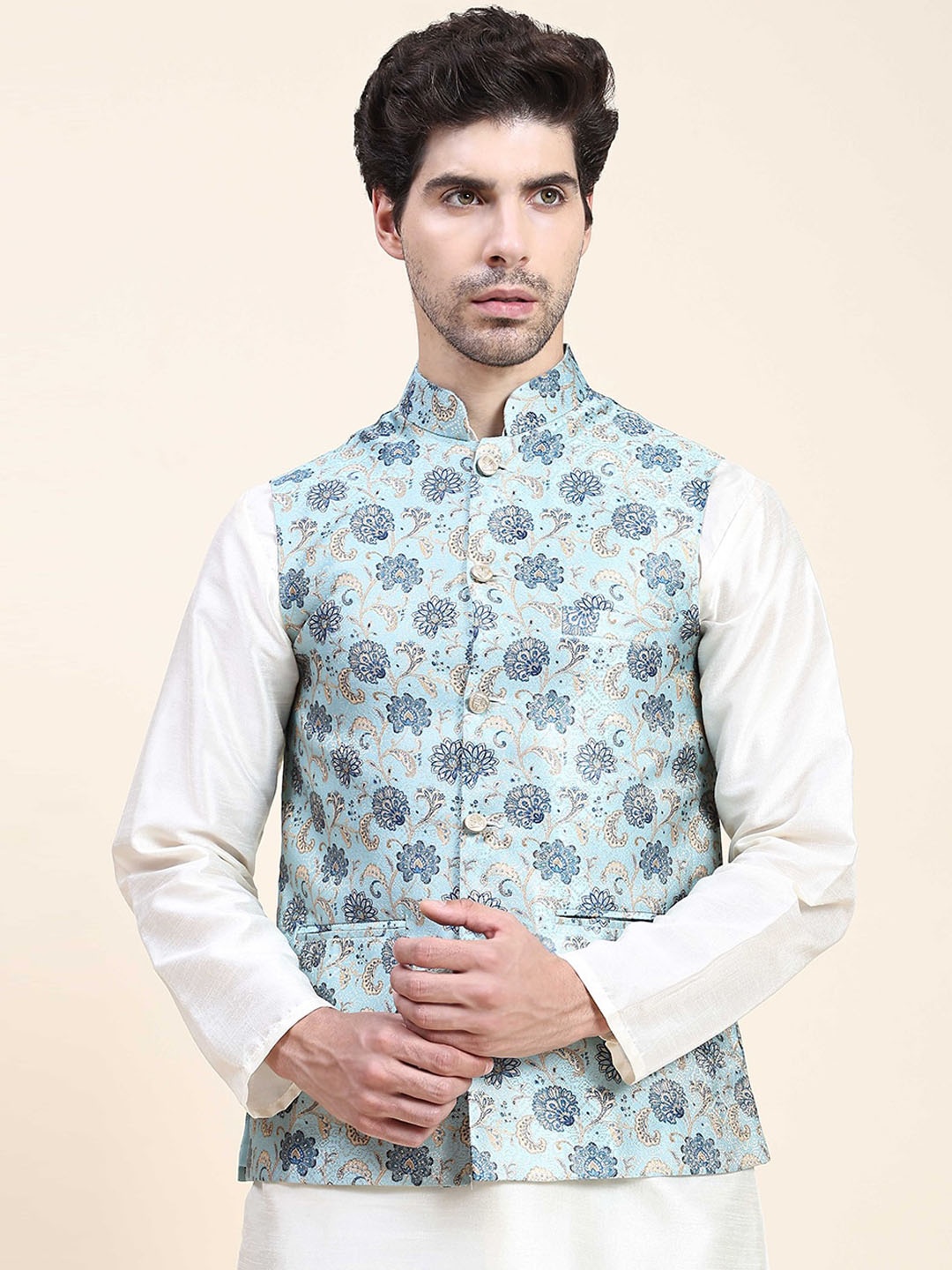 

Aanys Culture Printed Mandarin Collar Sleeveless Satin Nehru Jacket, Blue