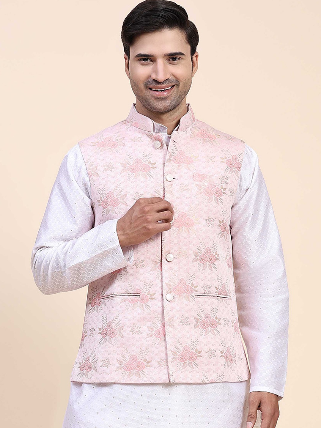 

Aanys Culture Floral Digital Printed Nehru Jacket, Pink