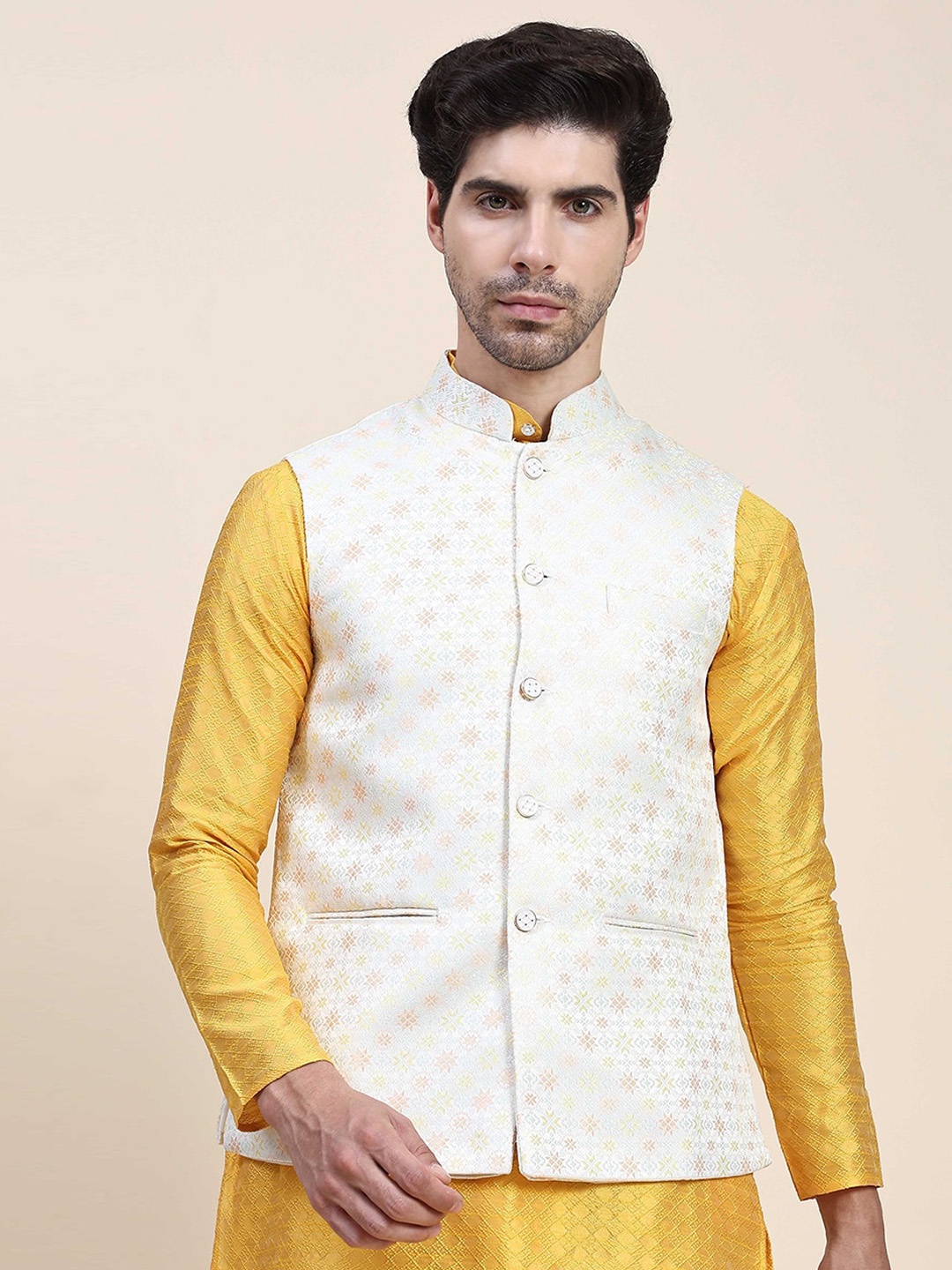 

Aanys Culture Woven Design Mandarin Collar Nehru Jacket, Yellow