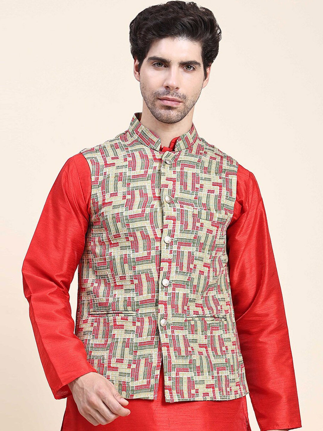 

Aanys Culture Printed Mandarin Collar Sleeveless Satin Nehru Jacket, Green