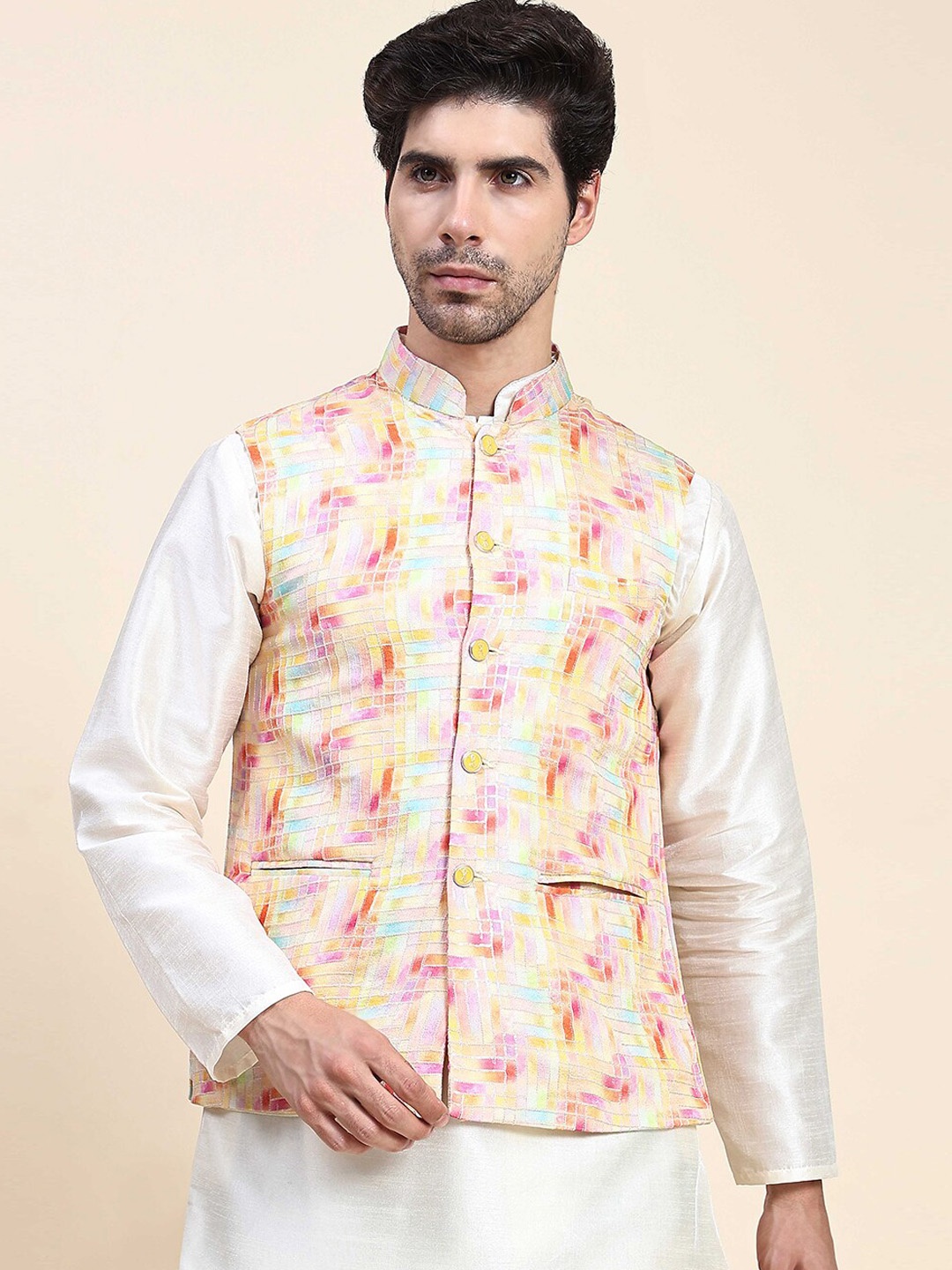 

Aanys Culture Printed Mandarin Collar Sleeveless Satin Nehru Jacket, Yellow