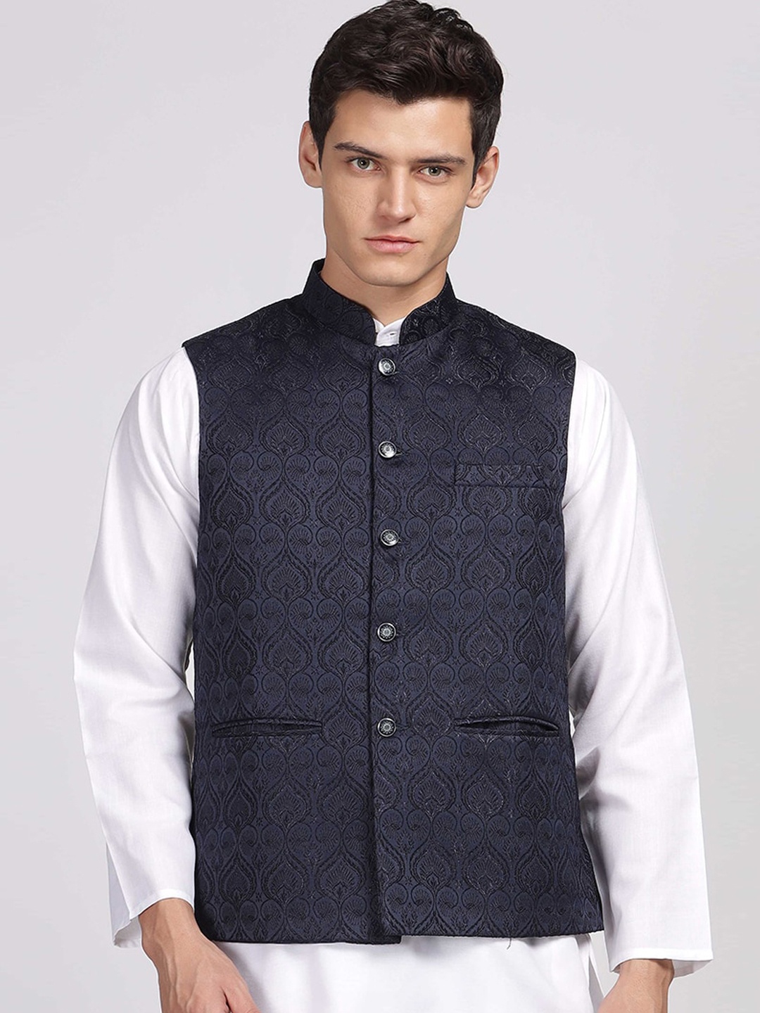 

Aanys Culture Woven Design Mandarin Collar Sleeveless Satin Nehru Jacket, Navy blue