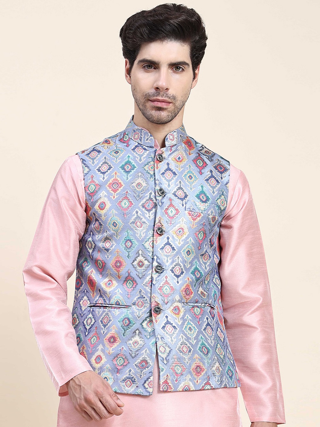 

Aanys Culture Woven Design Mandarin Collar Nehru Jacket, Blue