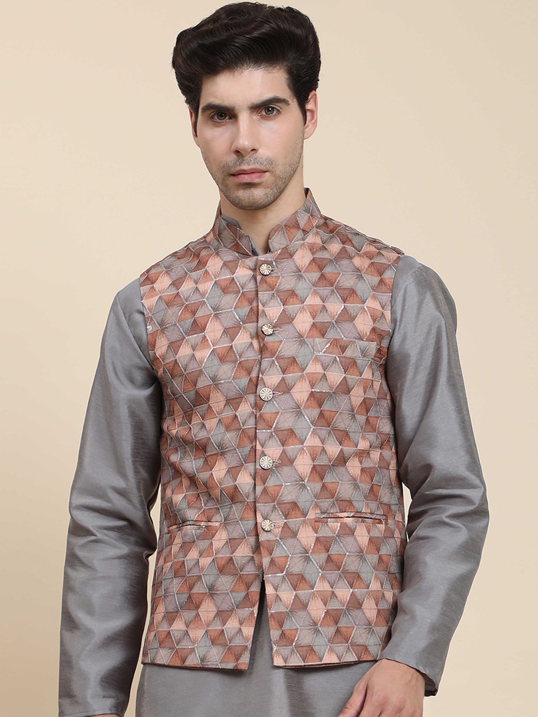 

Aanys Culture Geometric Printed Sleeveless Nehru Jacket, Coffee brown