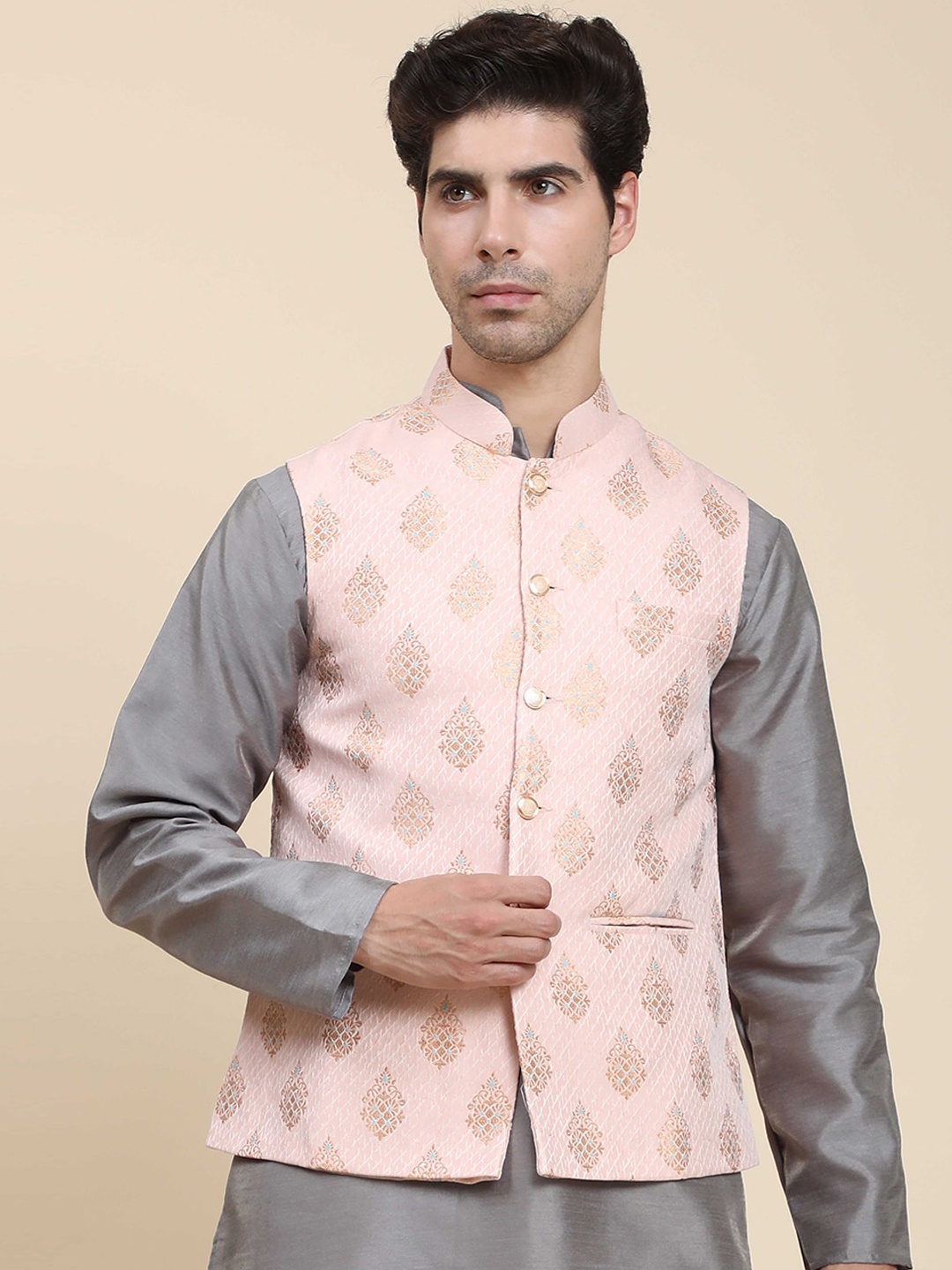 

Aanys Culture Woven Design Mandarin Collar Sleeveless Satin Nehru Jacket, Pink