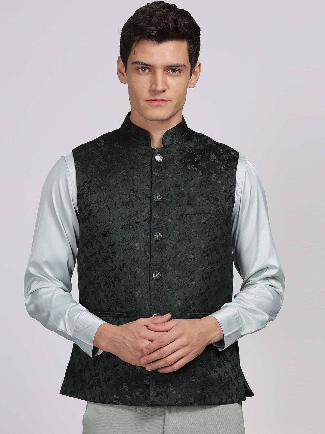 

Aanys Culture Woven Design Mandarin Collar Sleeveless Satin Nehru Jacket, Sea green