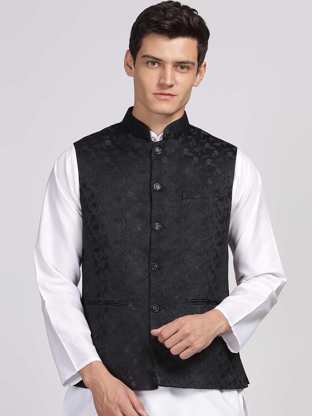 

Aanys Culture Woven Design Mandarin Collar Sleeveless Satin Nehru Jacket, Black