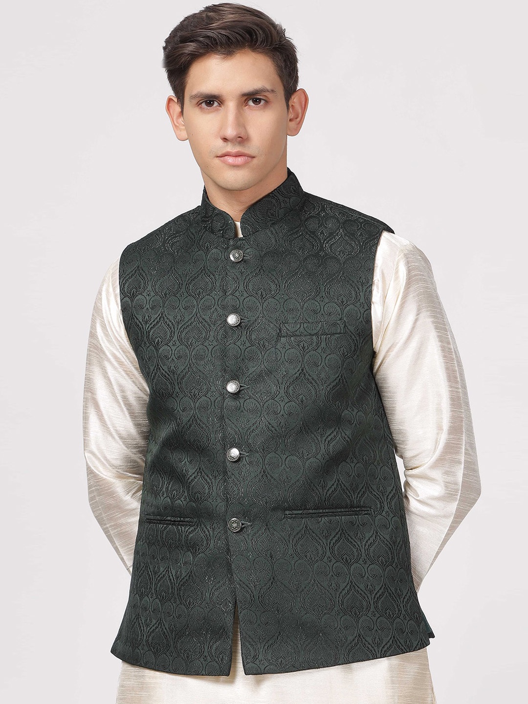 

Aanys Culture Woven Design Mandarin Collar Sleeveless Satin Nehru Jacket, Sea green