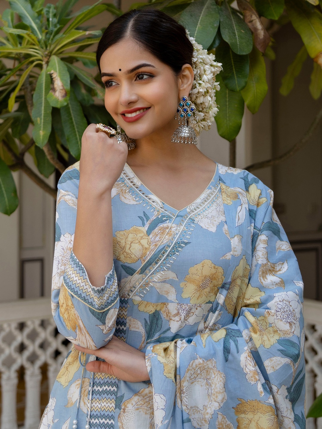 

Anouk Floral Printed Angrakha Mirror Work Pure Cotton Kurta With Pyjamas & Dupatta, Blue