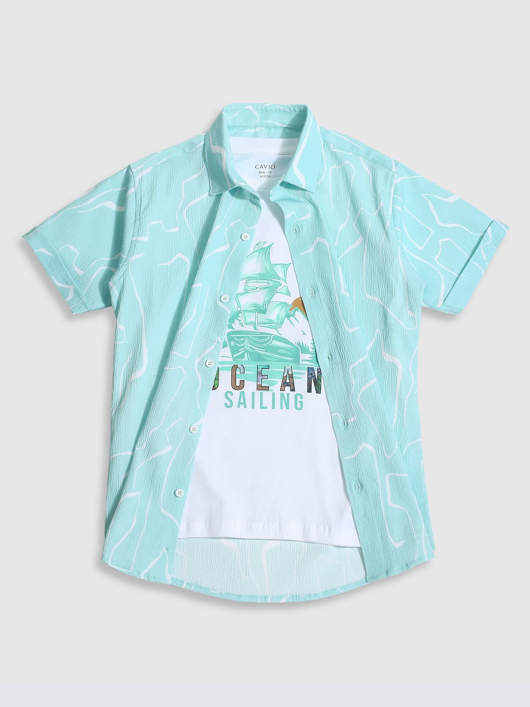 

CAVIO Boys Standard Fit Textured Abstract Printed Spread Collar Short Sleeves Casual Shirt, Blue