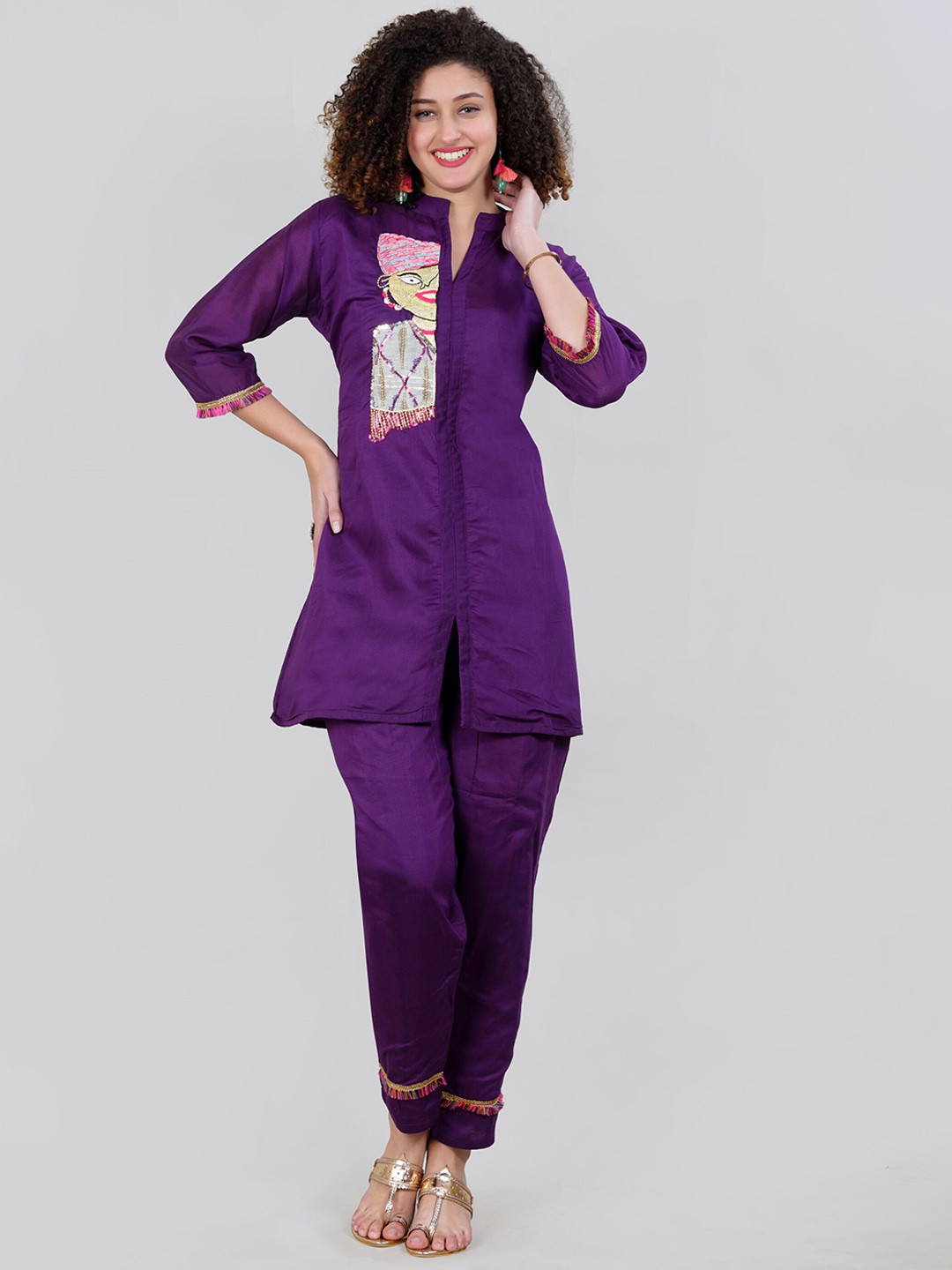 

MEHNAM Vriddhi Embroidered Organic Cotton Tunic With Trousers, Purple