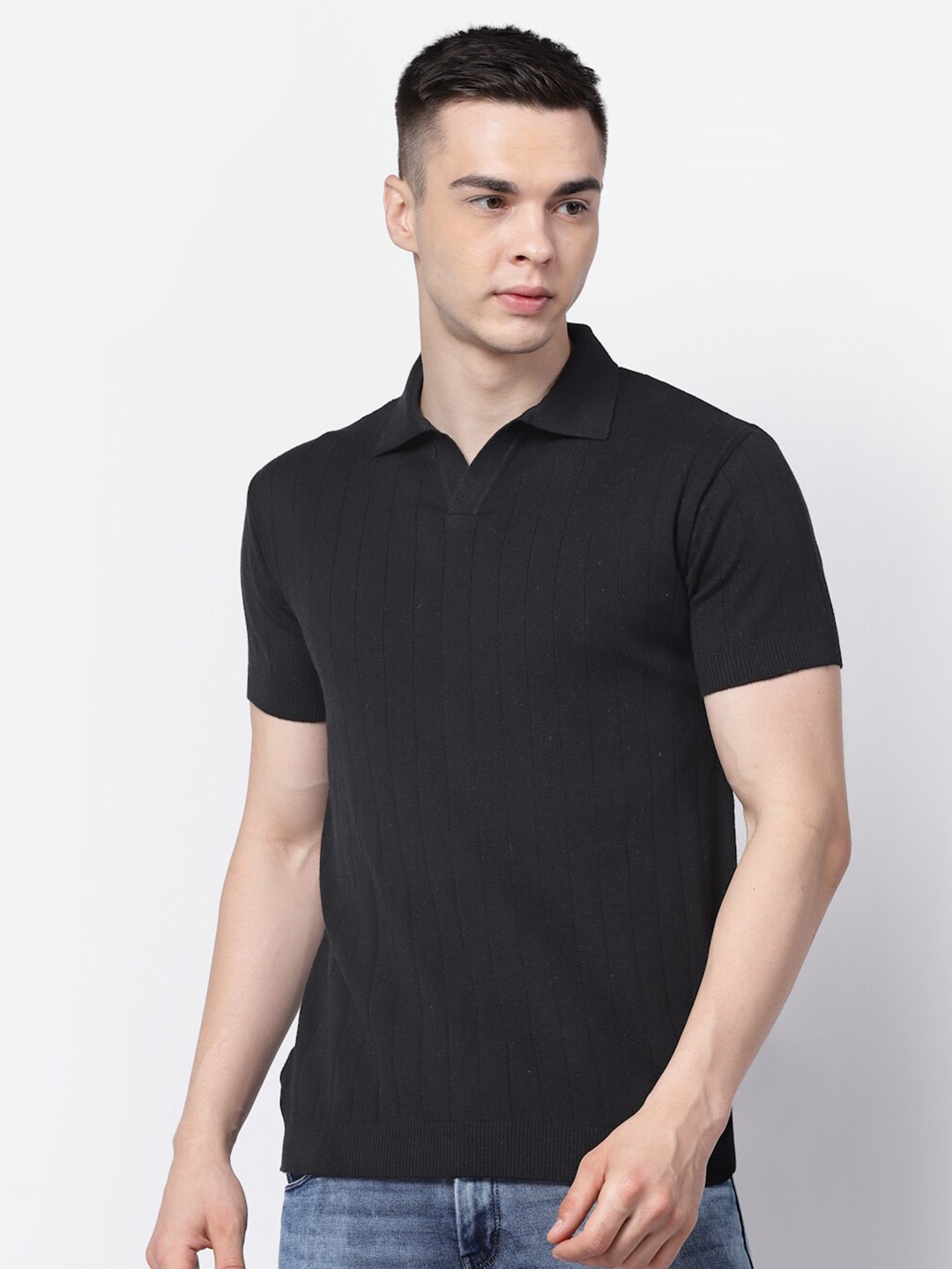 

Kalt Striped Polo Collar Short Sleeves T-shirt, Black