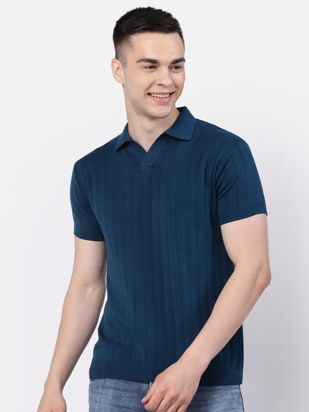 

Kalt Striped Polo Collar Short Sleeves T-shirt, Teal