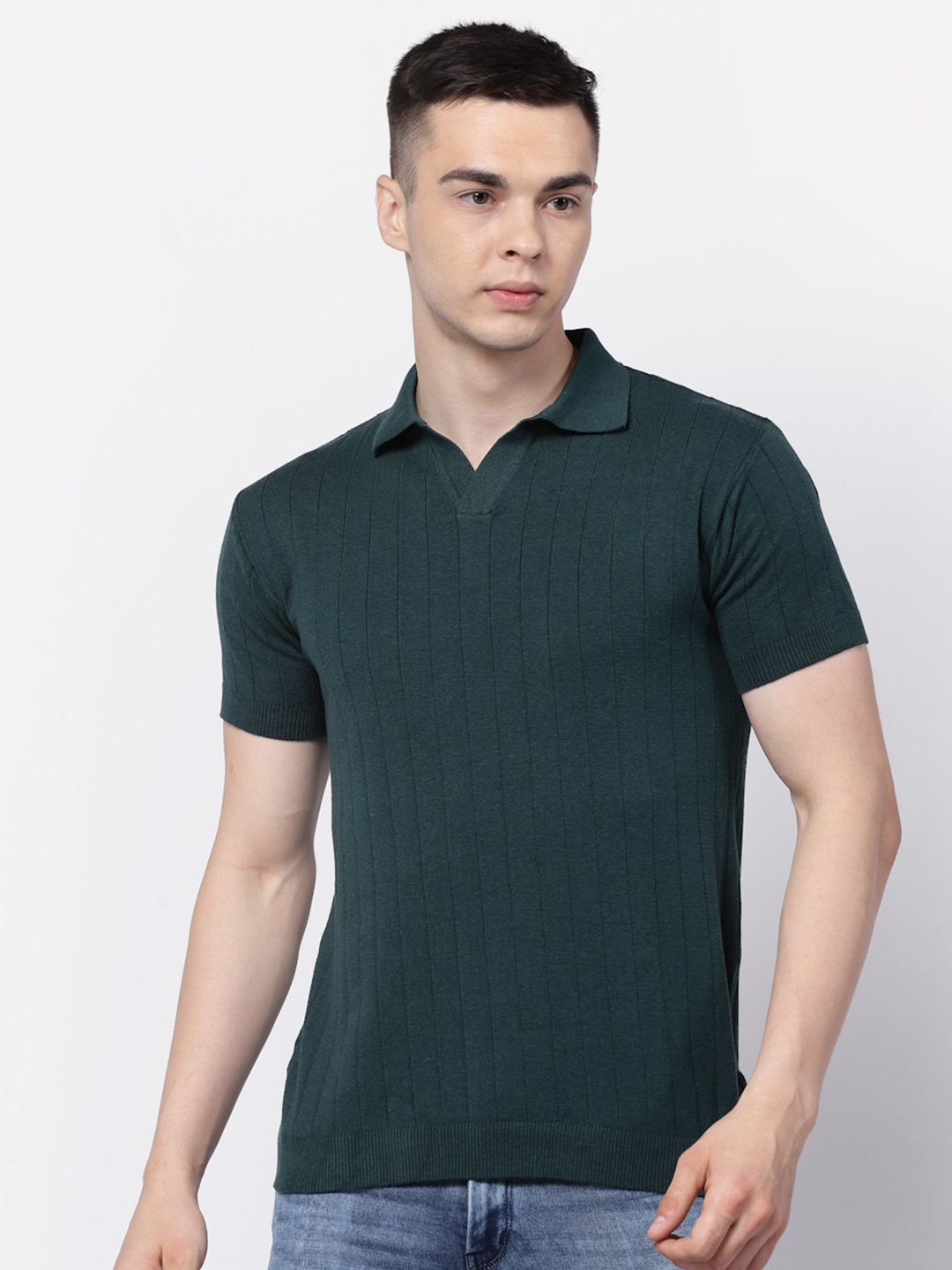 

Kalt Striped Polo Collar Short Sleeves T-shirt, Olive