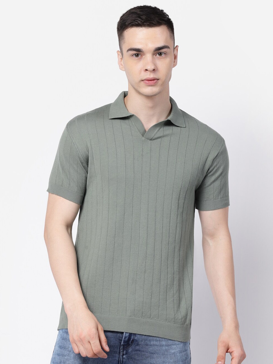 

Kalt Striped Polo Collar Short Sleeves T-shirt, Sea green