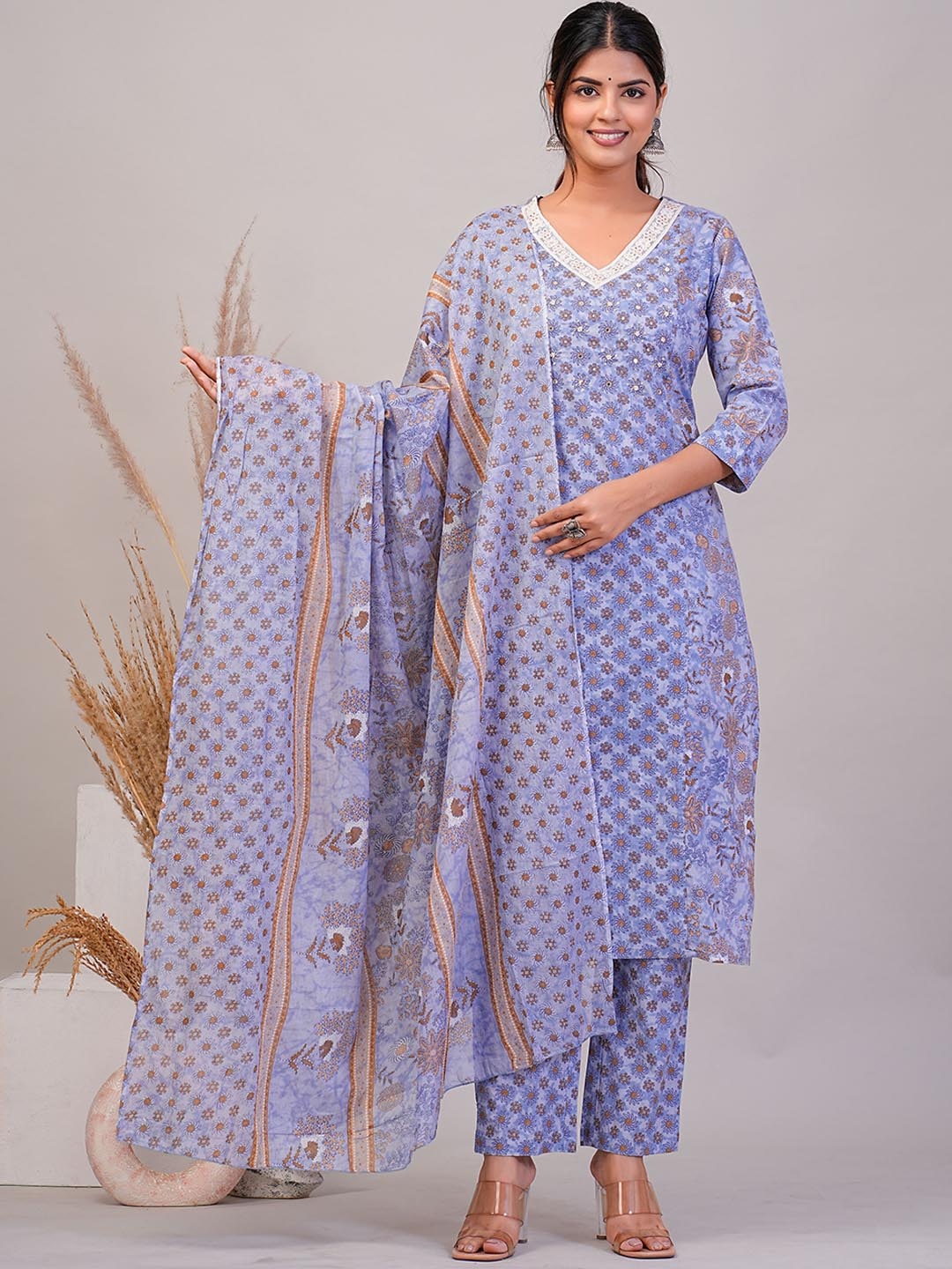 

SIGNORIA Floral Printed Thread Work Pure Cotton Straight Kurta With Trousers & Dupatta, Blue