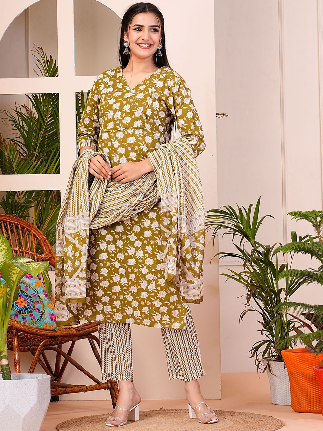 

SIGNORIA Floral Printed Pure Cotton Straight Kurta With Trousers & Dupatta, Khaki