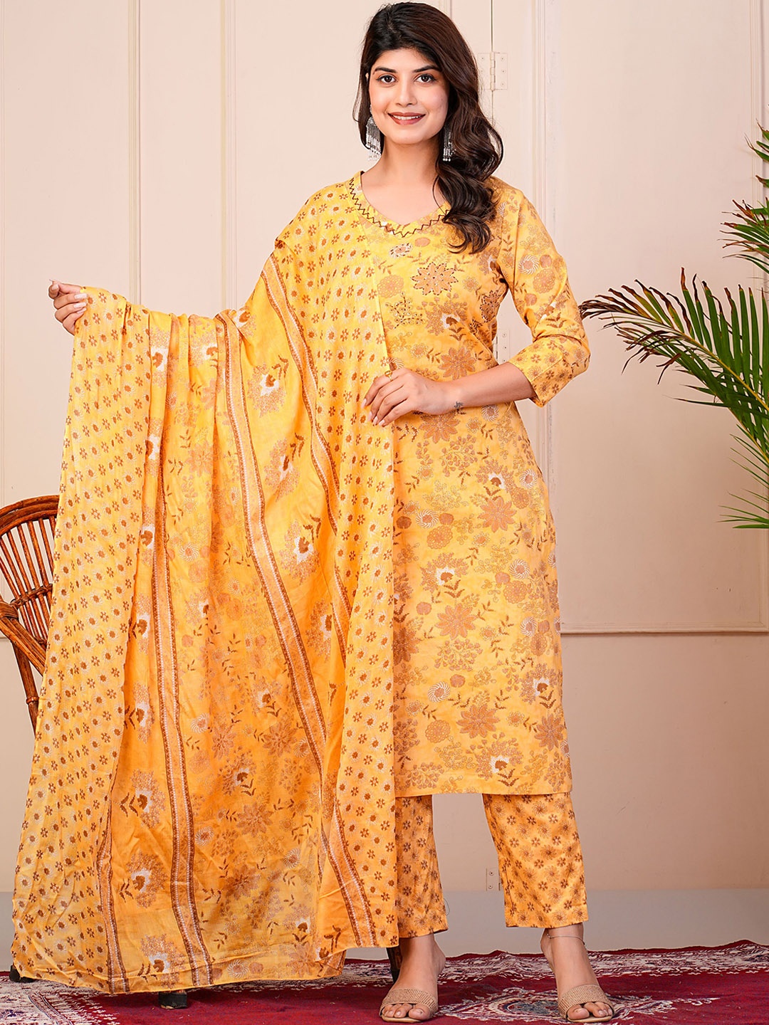 

SIGNORIA Floral Printed Thread Work Pure Cotton Straight Kurta With Trousers & Dupatta, Gold