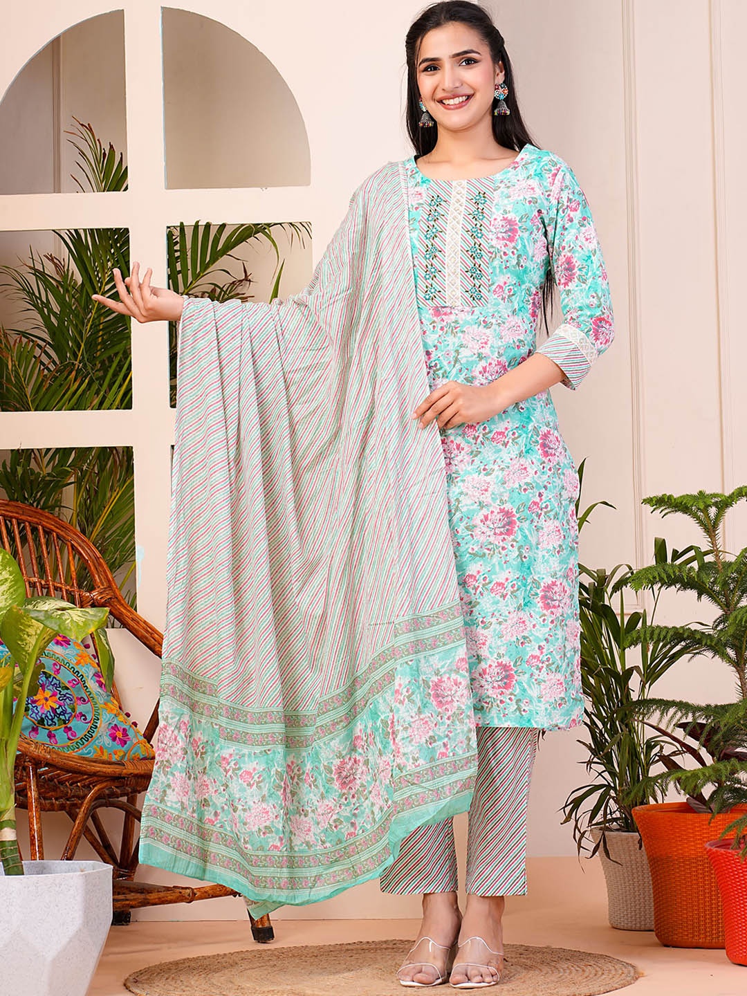 

SIGNORIA Floral Printed Thread Work Pure Cotton Straight Kurta With Trousers & Dupatta, Blue