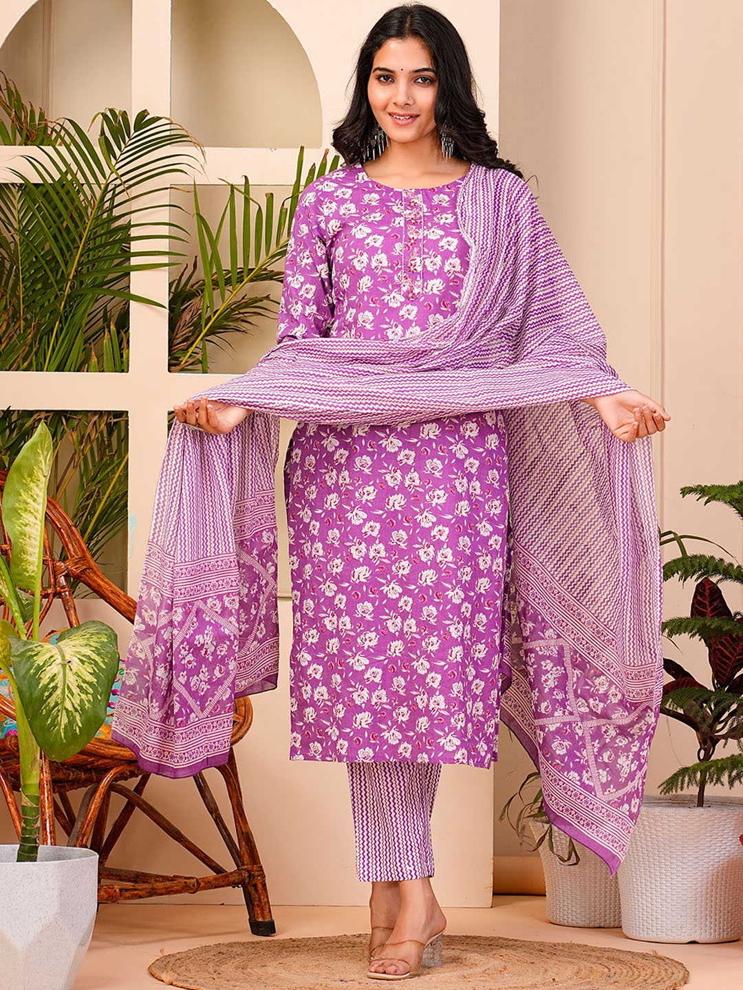 

SIGNORIA Floral Printed Thread Work Pure Cotton Straight Kurta With Trousers & Dupatta, Pink