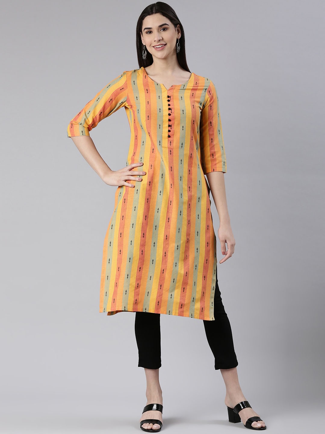 

HRITIKA Ethnic Motifs Printed Round Neck Cotton Straight Kurta, Yellow