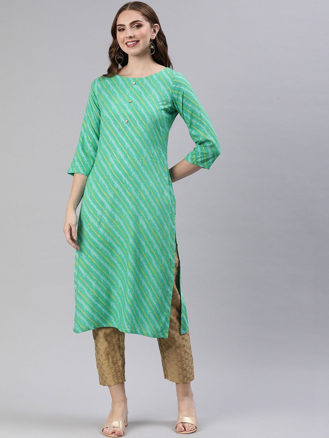 

HRITIKA Leheriya Printed Round Neck Straight Kurta, Green