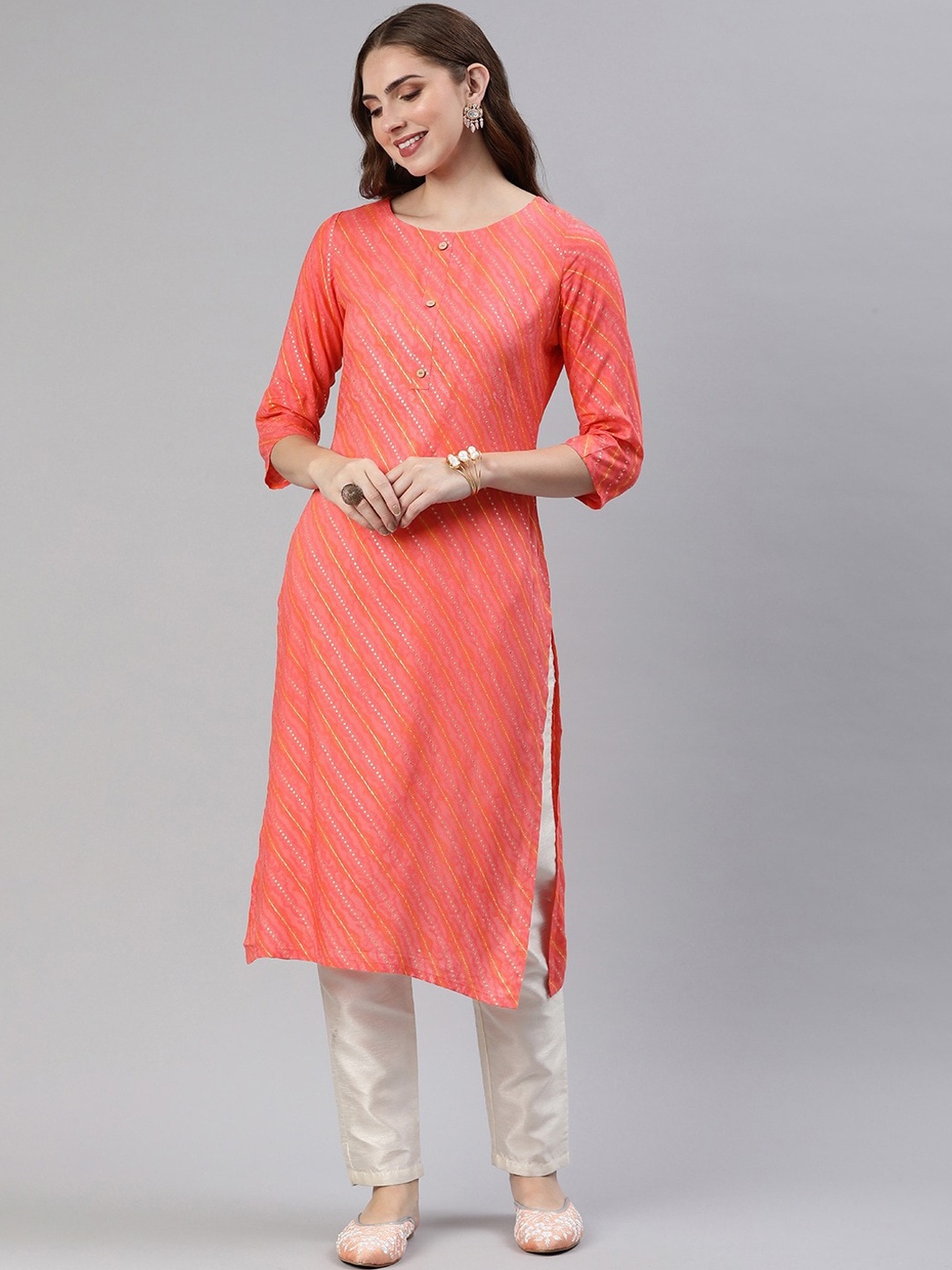

HRITIKA Striped Straight Kurta, Pink