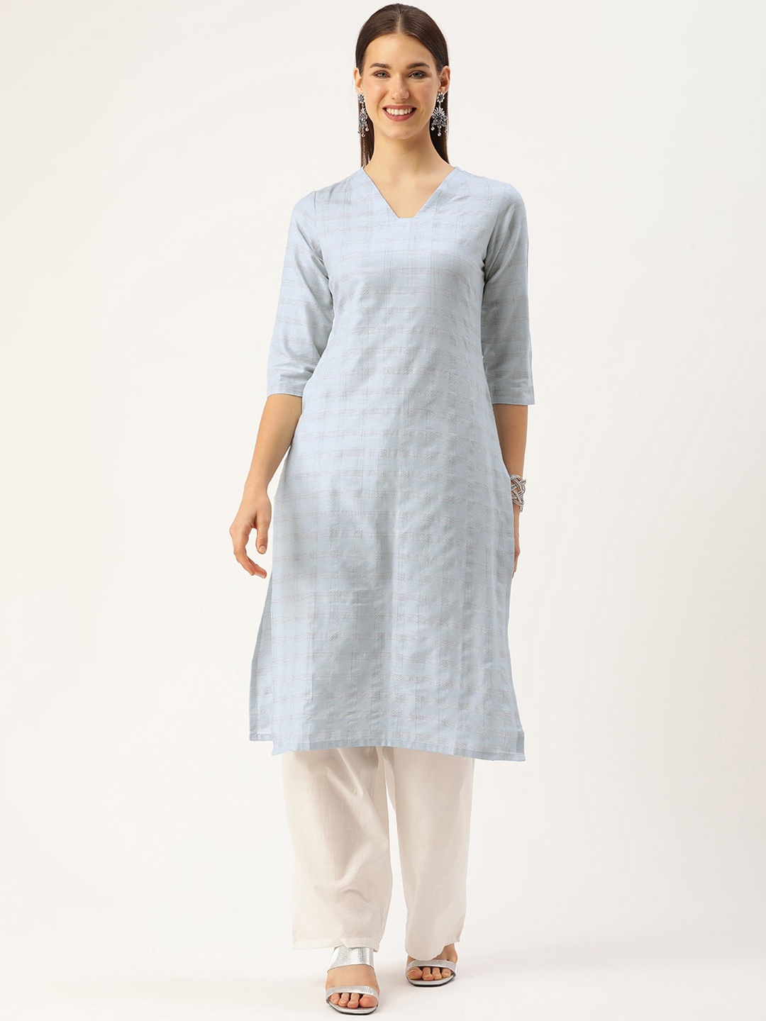 

HRITIKA Checked V-Neck Three-Quarter Sleeves Cotton Straight Kurta, Blue