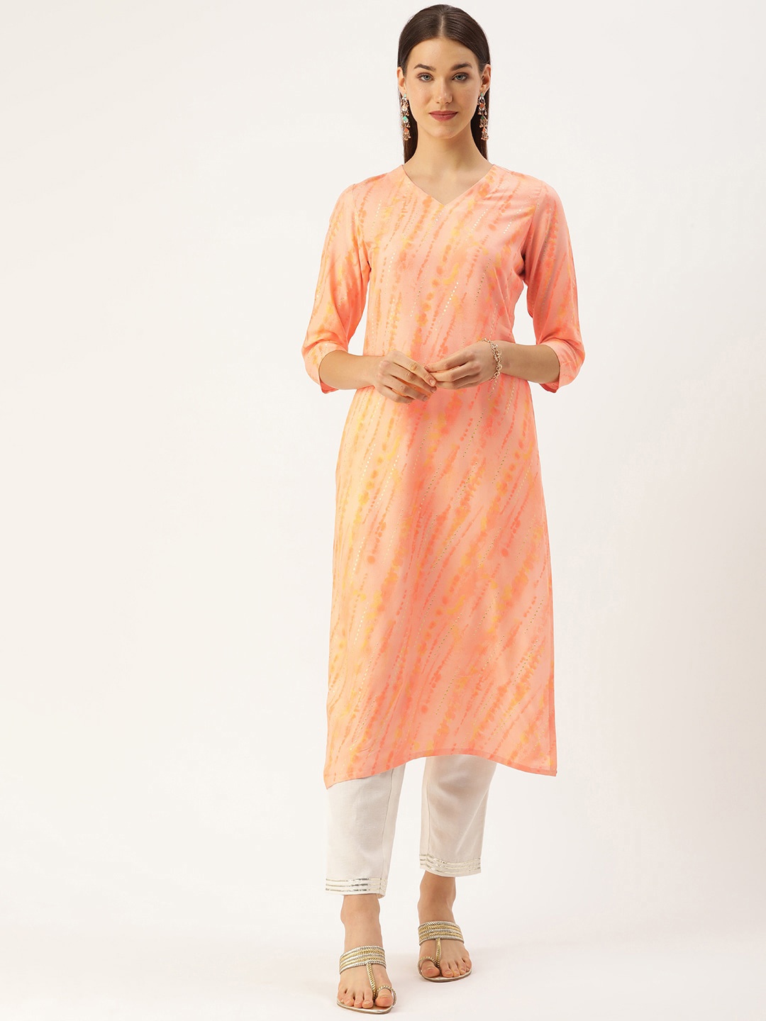 

HRITIKA Leheriya Dyed Straight Kurta, Peach