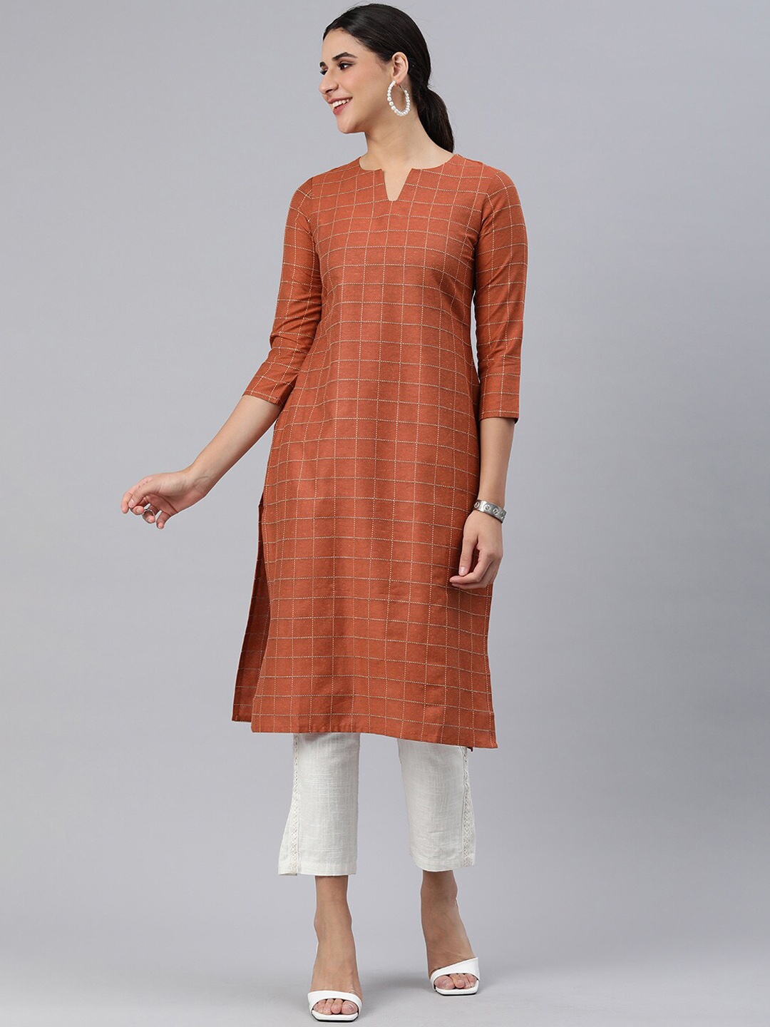 

HRITIKA Checked Yoke Design Kurta, Brown