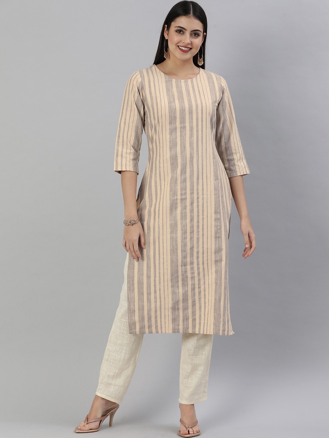 HRITIKA Striped Round Neck Straight Kurta, Brown