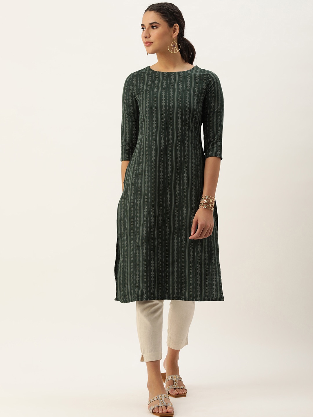 

HRITIKA Striped Woven Design Kurta, Green