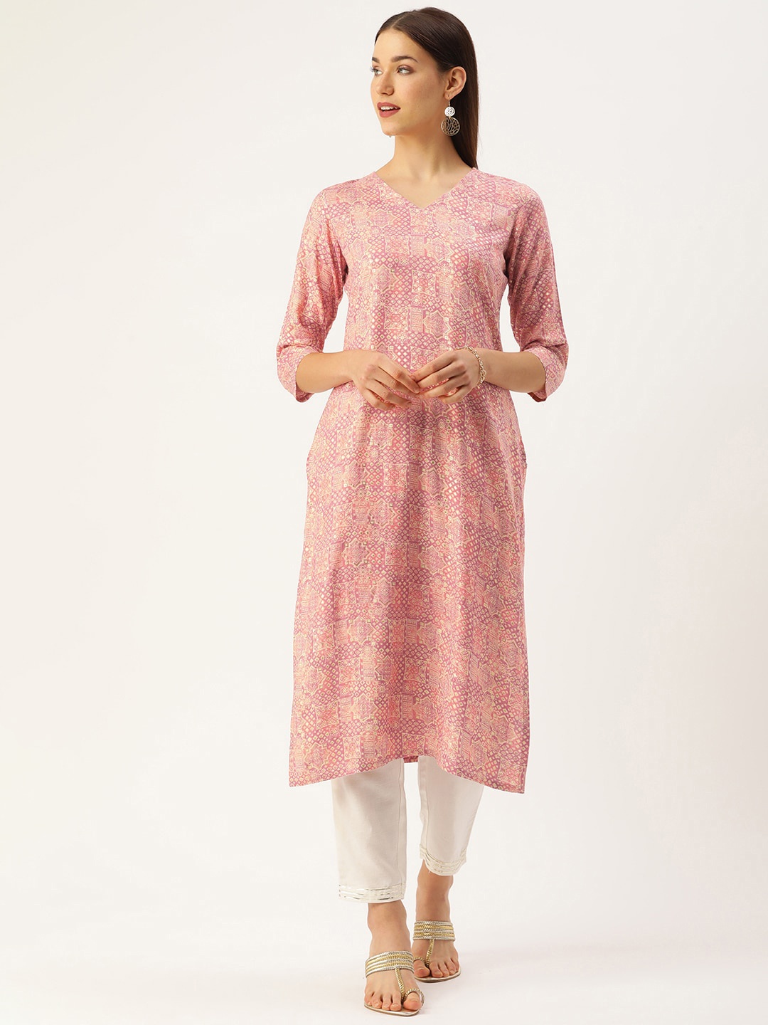 

HRITIKA Geometric Woven Design Kurta, Pink