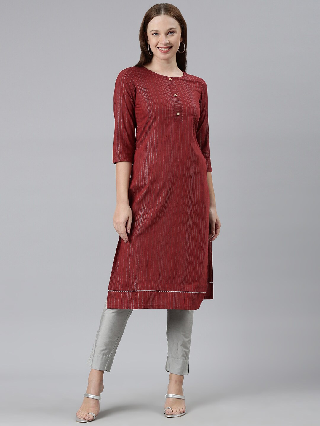 HRITIKA Striped Round Neck Cotton Straight Kurta, Maroon