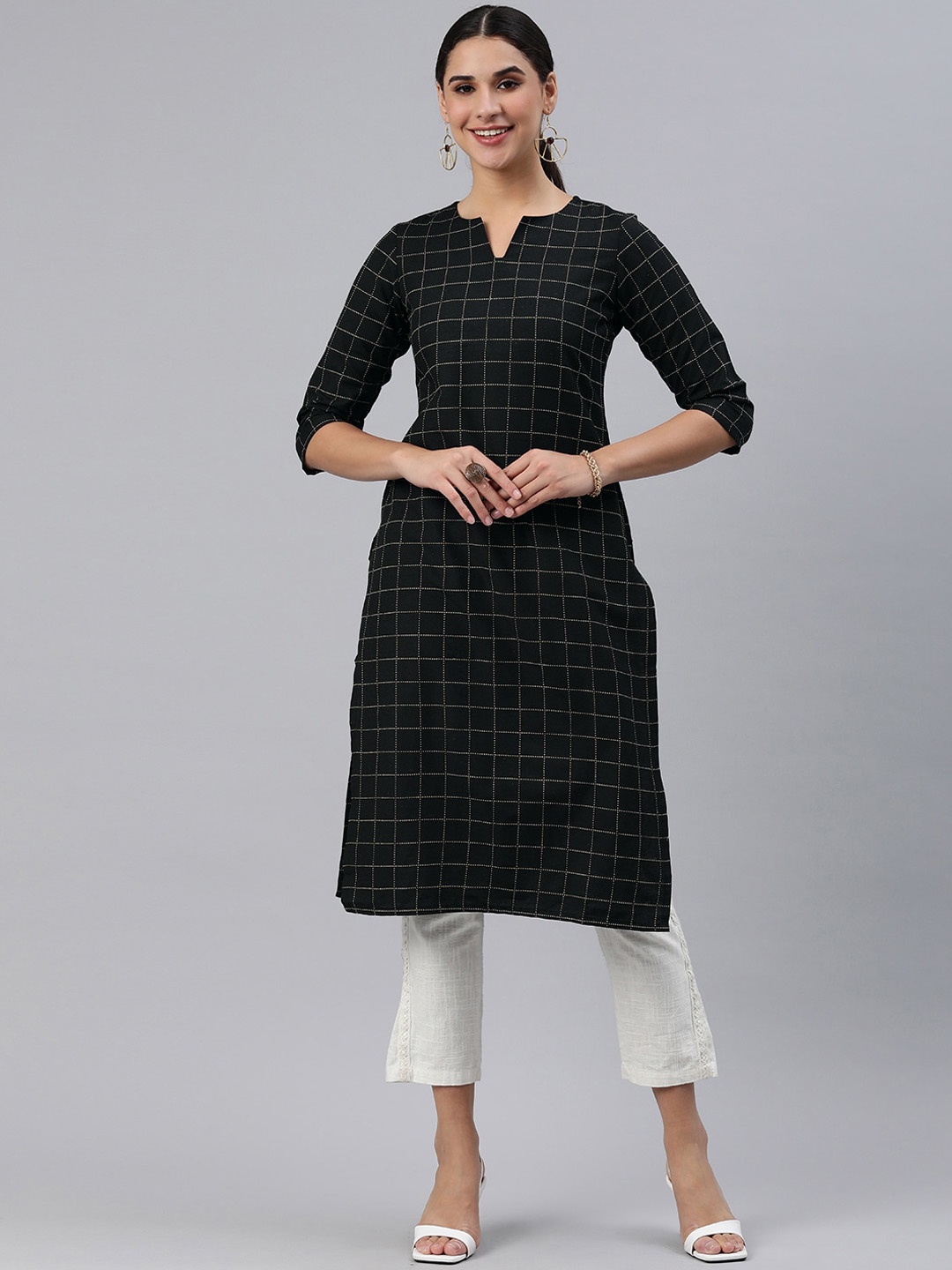 

HRITIKA Checked Straight Kurta, Black