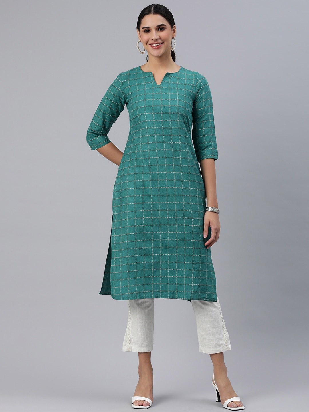 

HRITIKA Checked Straight Kurta, Blue