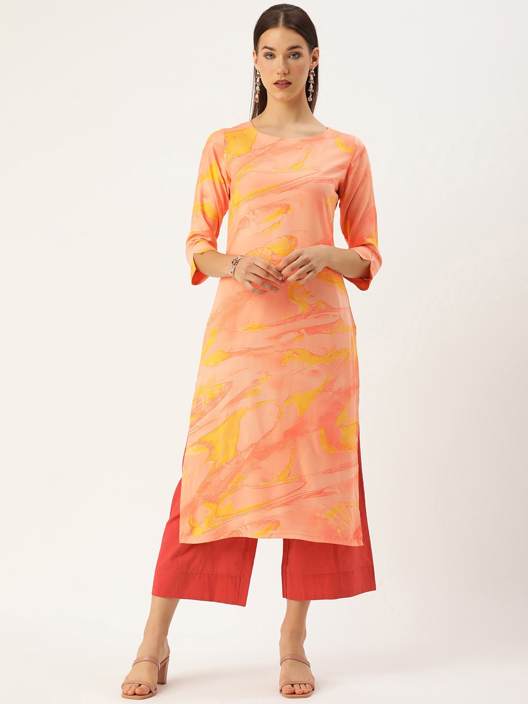

HRITIKA Abstract Printed Round Neck Straight Kurta, Orange