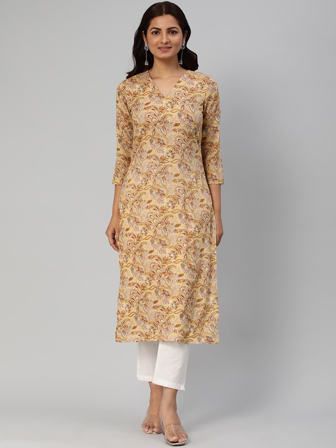 

HRITIKA Printed Cold-Shoulder Sleeves Sequinned Kurta, Beige