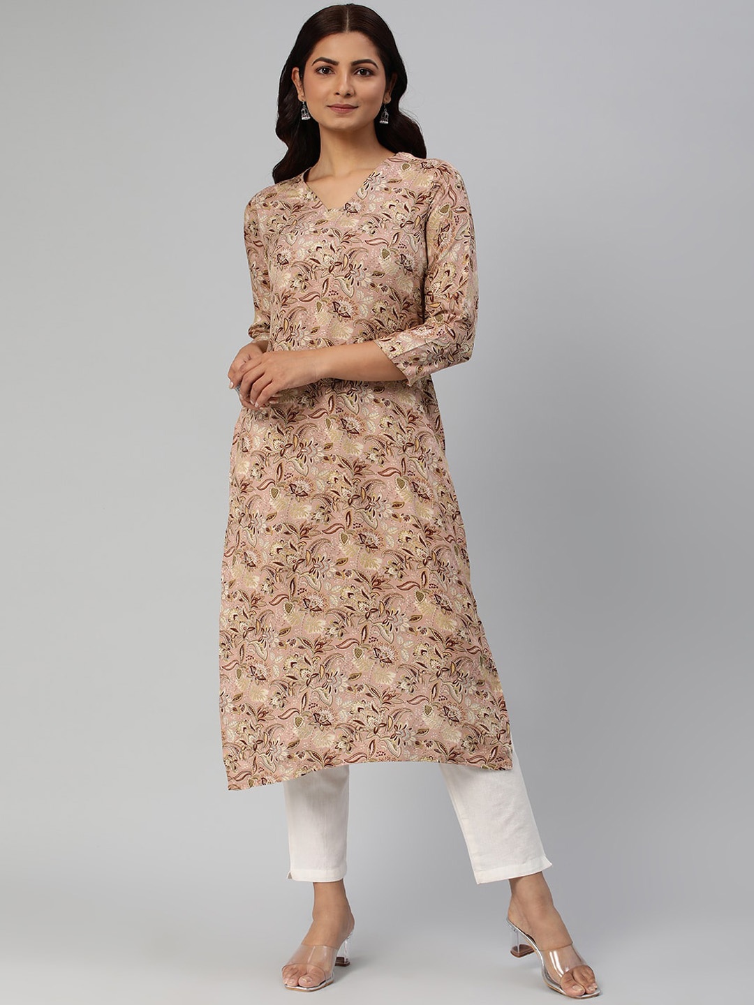 

HRITIKA Floral Printed V-Neck Straight Kurta, Beige