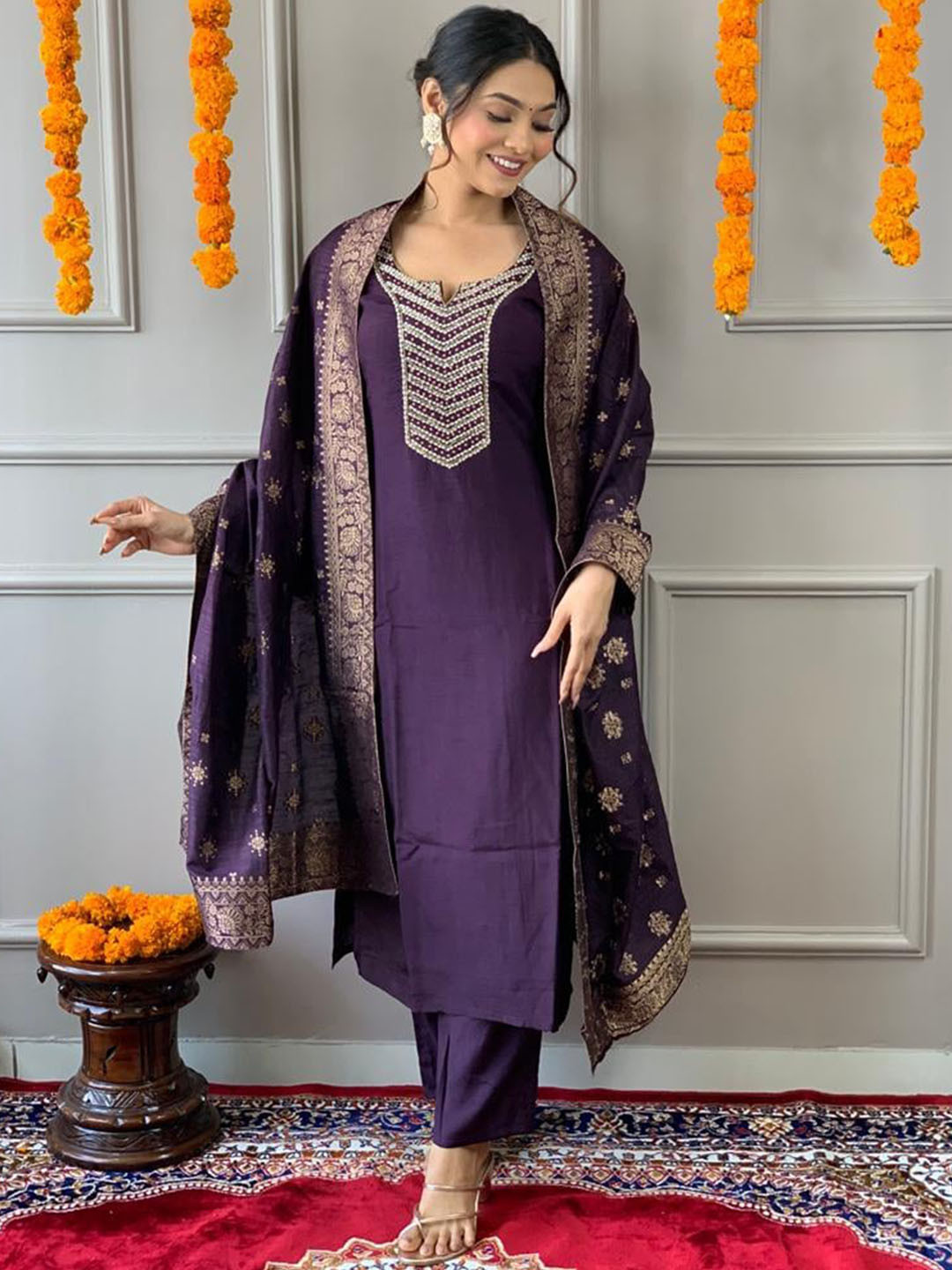 

KALINI Women Ethnic Motifs Embroidered Regular Thread Work Kurta with Trousers & With Dupatta, Purple