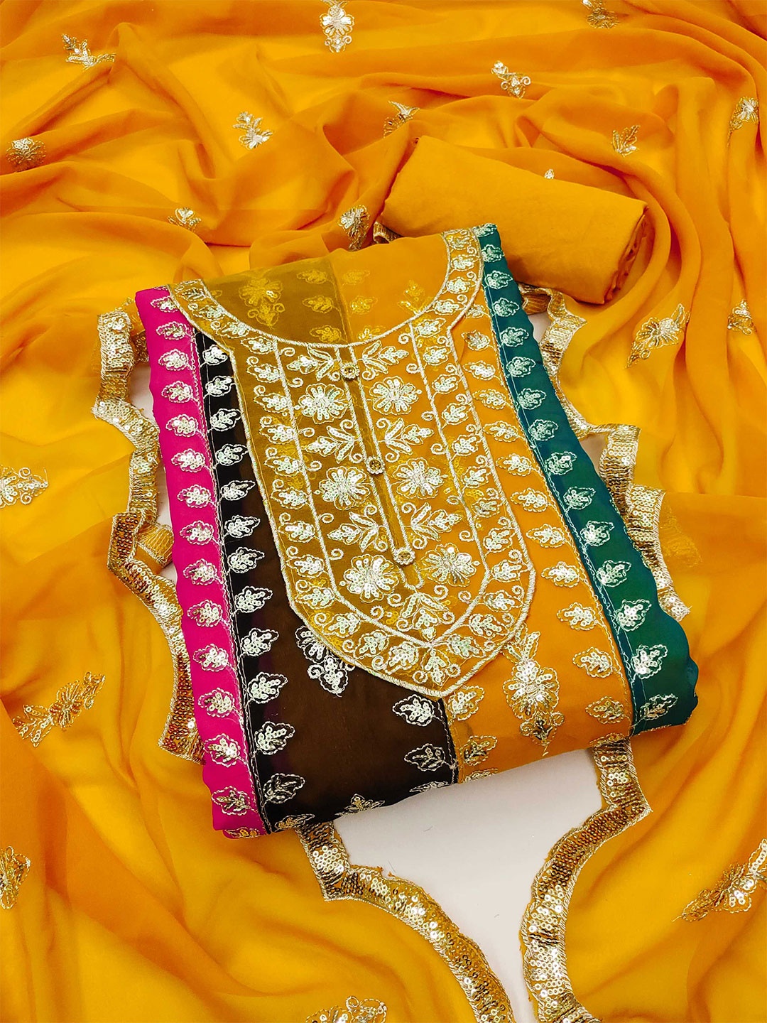 

KALINI Ethnic Motifs Embroidered Sequinned Unstitched Dress Material, Yellow