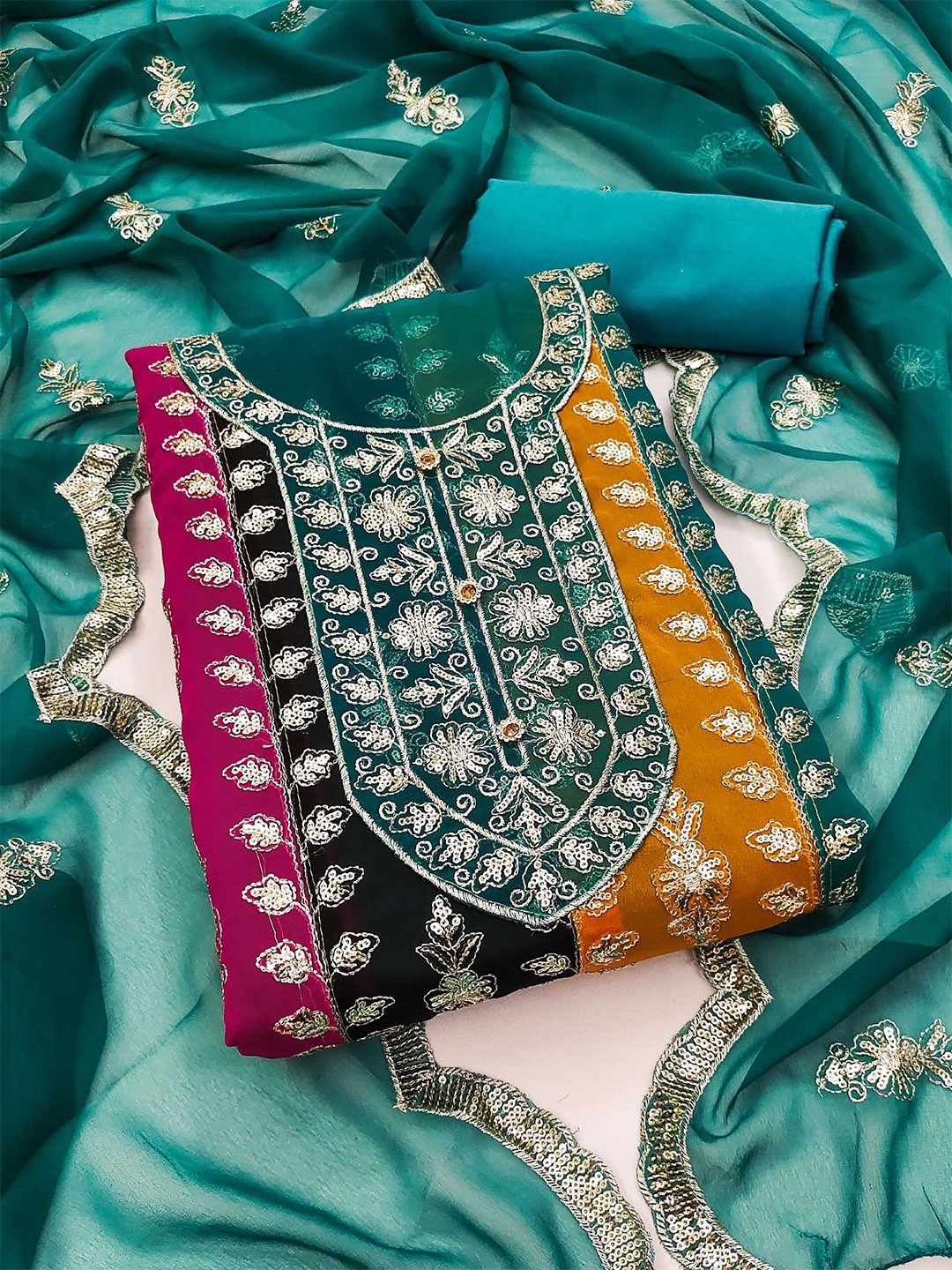 

KALINI Ethnic Motifs Embroidered Sequinned Unstitched Dress Material, Teal