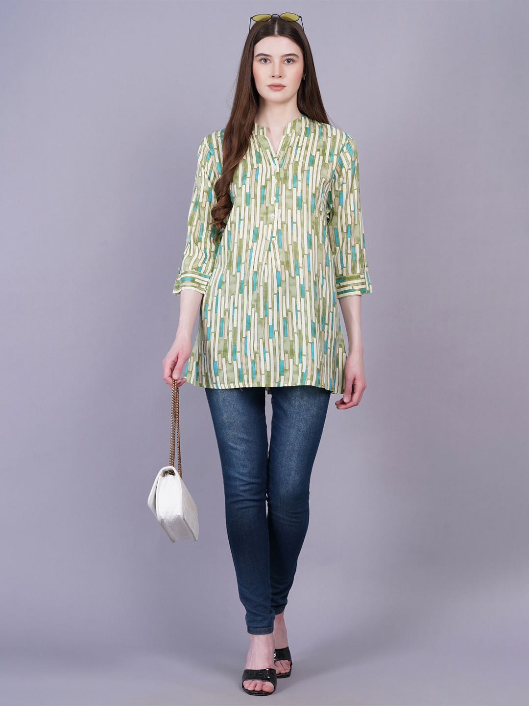 

HIGHLIGHT FASHION EXPORT Geometric Print Mandarin Collar Shirt Style Top, Green