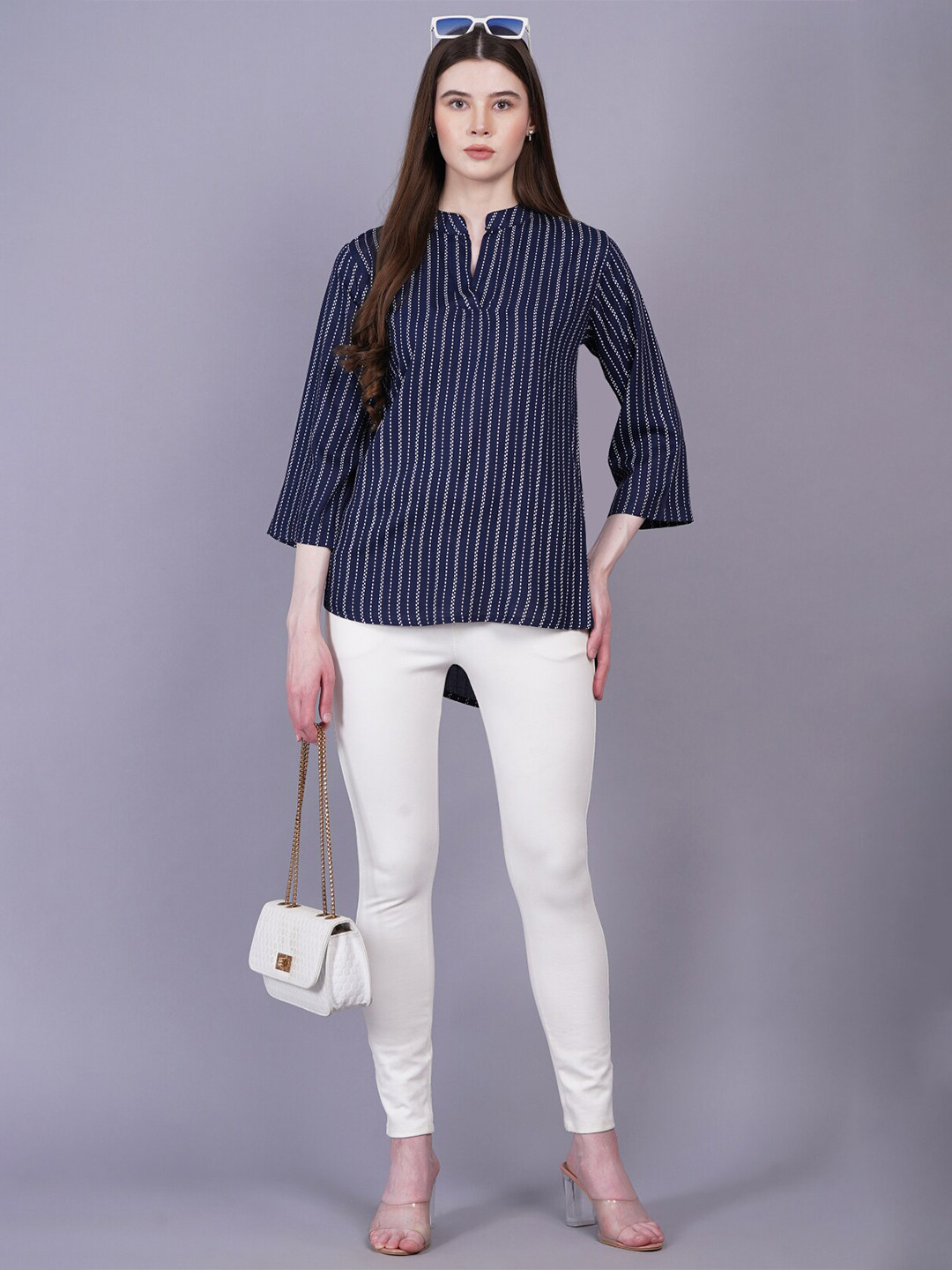 

HIGHLIGHT FASHION EXPORT Striped Mandarin Collar Top, Navy blue