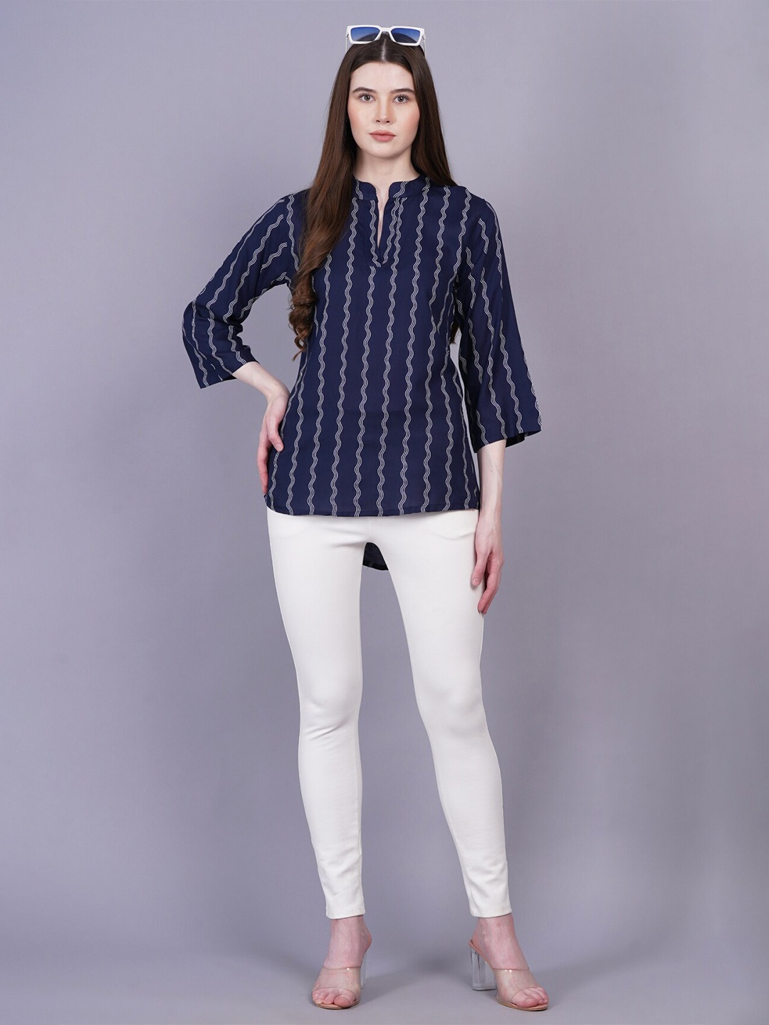 

HIGHLIGHT FASHION EXPORT Striped Mandarin Collar A-Line Top, Blue